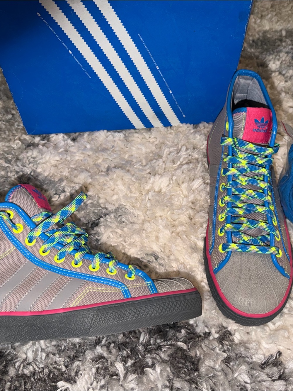 adidas Kids Gray Sneakers with Neon Blue & Pink Accents
